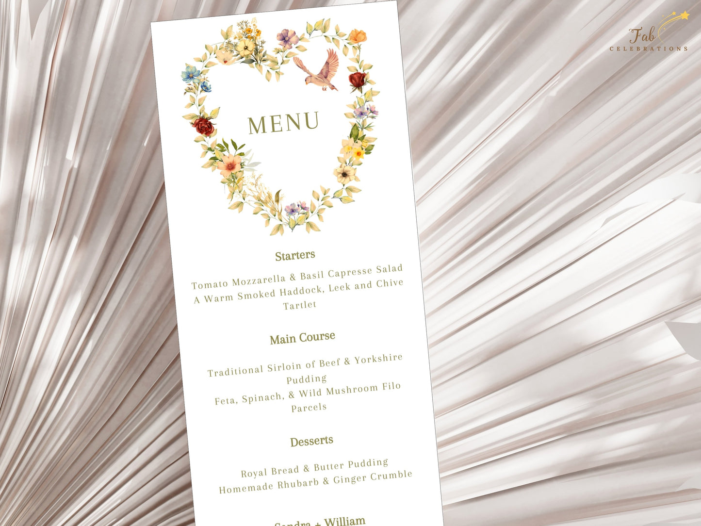Garden wedding menu template featuring a soft beige background, sage green foliage and watercolor-inspired floral artwork creating timeless botanical table décor.