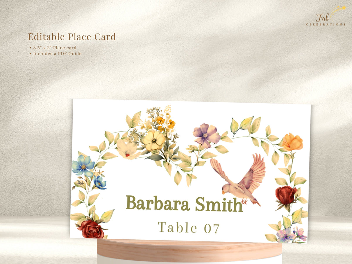 Editable romantic wedding name card showing Barbara Smith and Table 07 with a delicate watercolor-inspired floral arrangement, dove illustration, and personalized guest seating details.