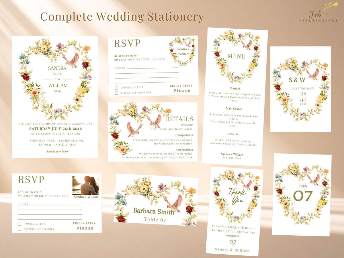Overview of eleven coordinated Romantic Dove wedding stationery templates, including invitations, RSVP, details, save the date, menu, table number, and place card designs, shown as matching items.