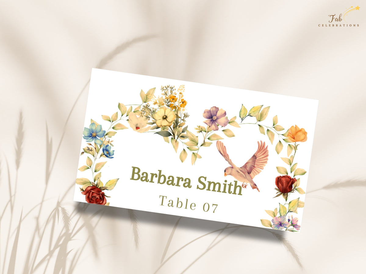 Romantic wedding place card arranged against a soft neutral backdrop, featuring personalized guest lettering, Table 07, delicate watercolor-inspired botanical blooms, and a gentle dove.