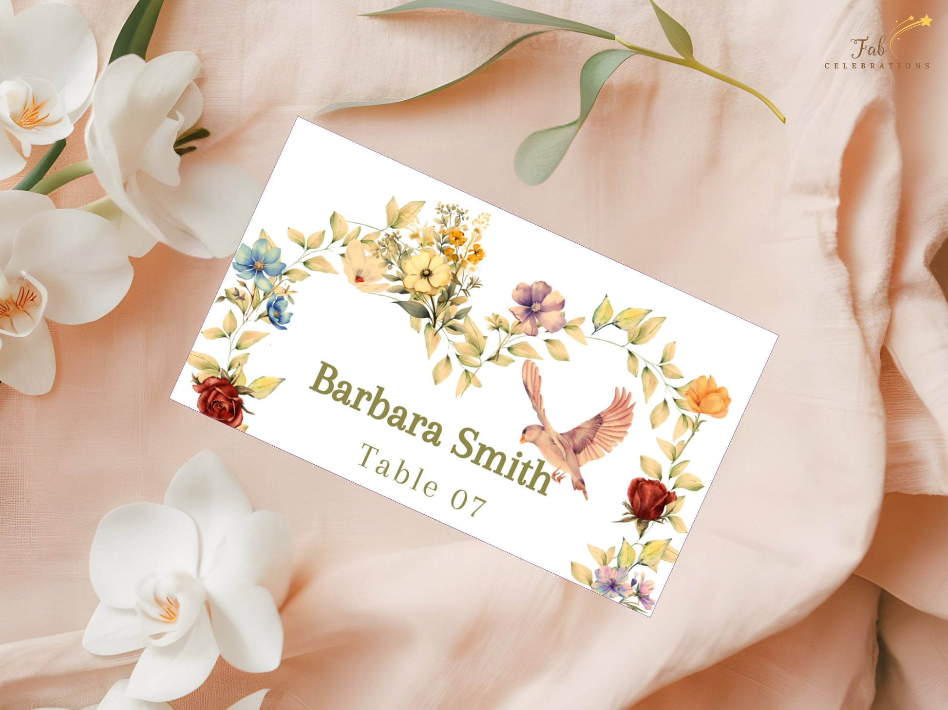Floral heart name card decorated with peach apricot flowers, purple blue blossoms, graceful dove illustration and botanical watercolor artwork for elegant wedding receptions.