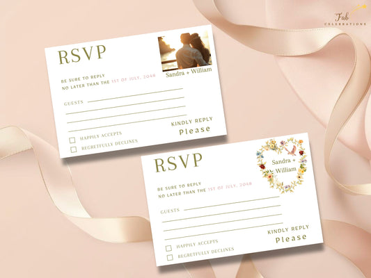 Romantic Wedding RSVP Card set featuring two editable response designs, one with a replaceable photo area for your own couple picture and one with a delicate watercolor-inspired floral heart and dove.