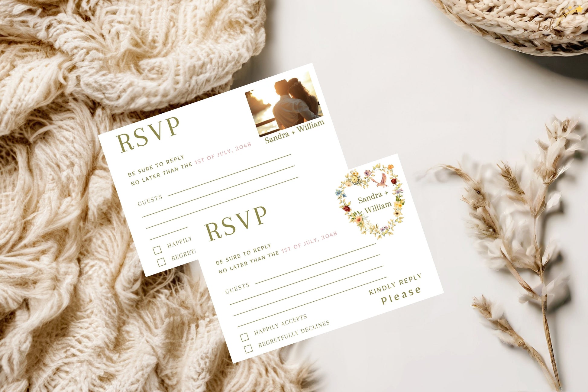 Printable Romantic Wedding RSVP Card featuring watercolor-inspired botanical flowers, graceful dove artwork and timeless floral elegance for wedding guest responses.