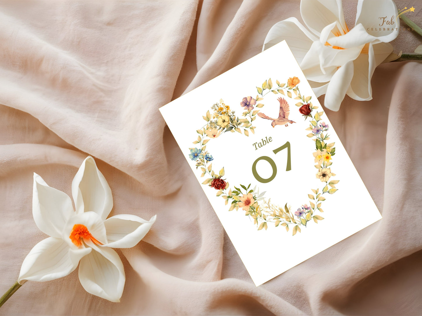 Garden wedding table number featuring a soft beige background, sage green foliage, watercolor florals and editable Canva template for beautifully coordinated wedding receptions.