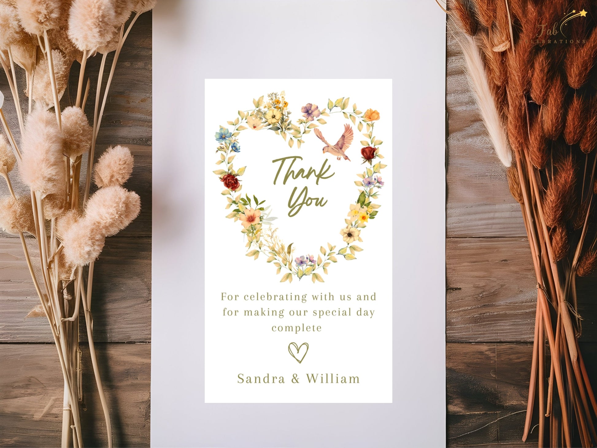Romantic Wedding Thank You Card designed in Canva with an elegant floral heart wreath, graceful dove artwork and timeless botanical styling for heartfelt wedding messages.