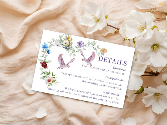 Rustic watercolor wedding card details template featuring floral wreath in violet, crimson and ivory with paired doves, editable in Canva for romantic countryside ceremonies.
