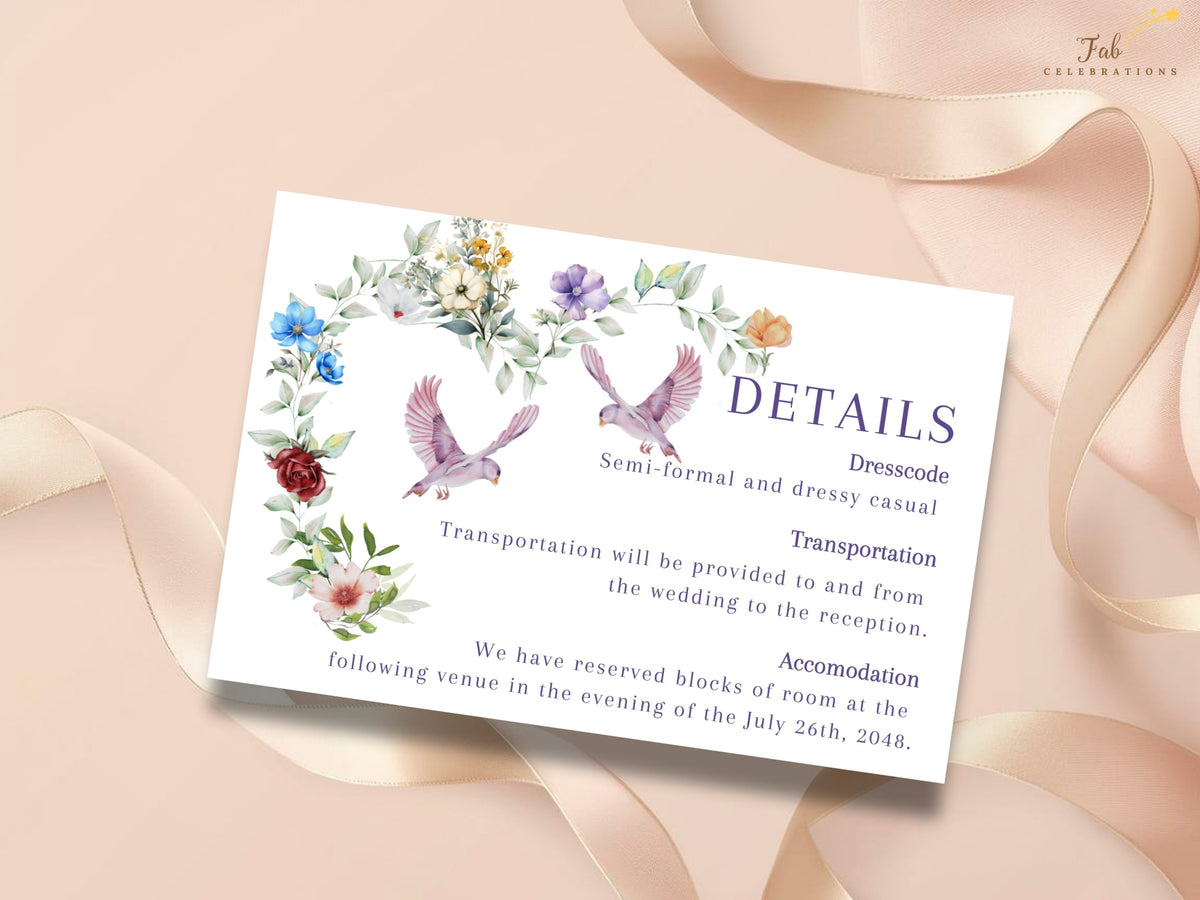 Rustic Watercolor Wedding Card details template featuring delicate multicolored flowers, leafy greenery and two graceful doves with elegant sections for dress code, transportation and accommodations.