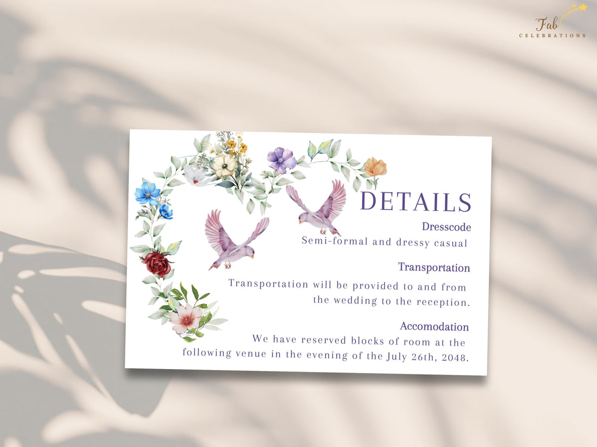 Wedding details template featuring two graceful doves surrounded by watercolor-inspired flowers and leafy greenery, with organized information for dress code, transportation and accommodations.