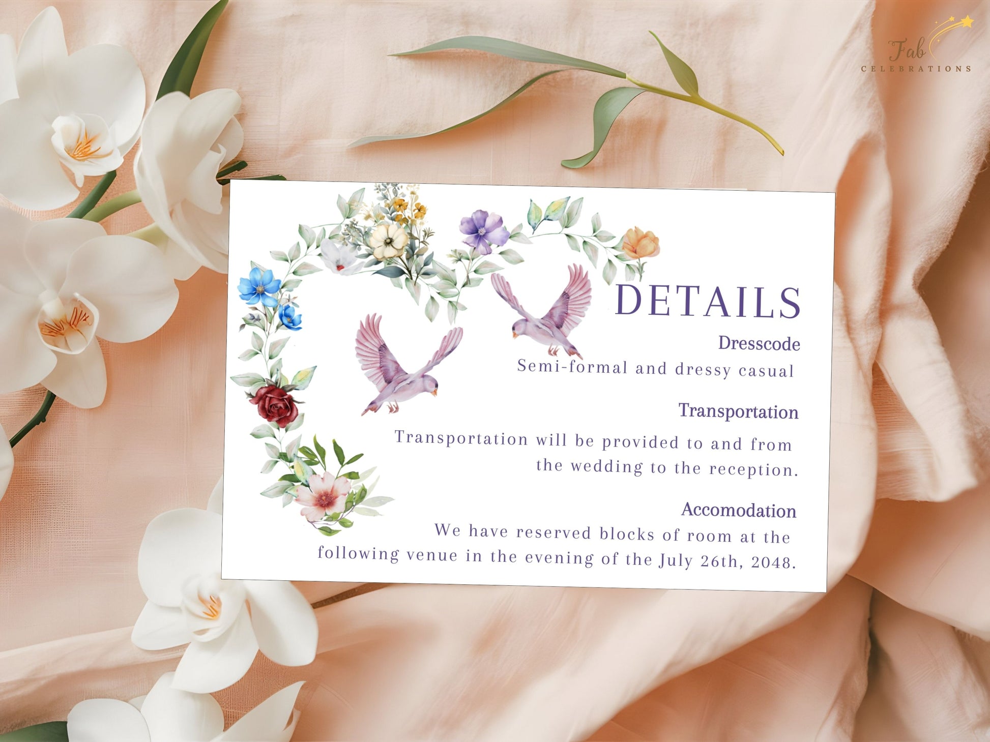 Rustic watercolor wedding card flatlay preview displaying hand-painted florals and symbolic dove artwork, part of a coordinated rustic boho stationery collection.