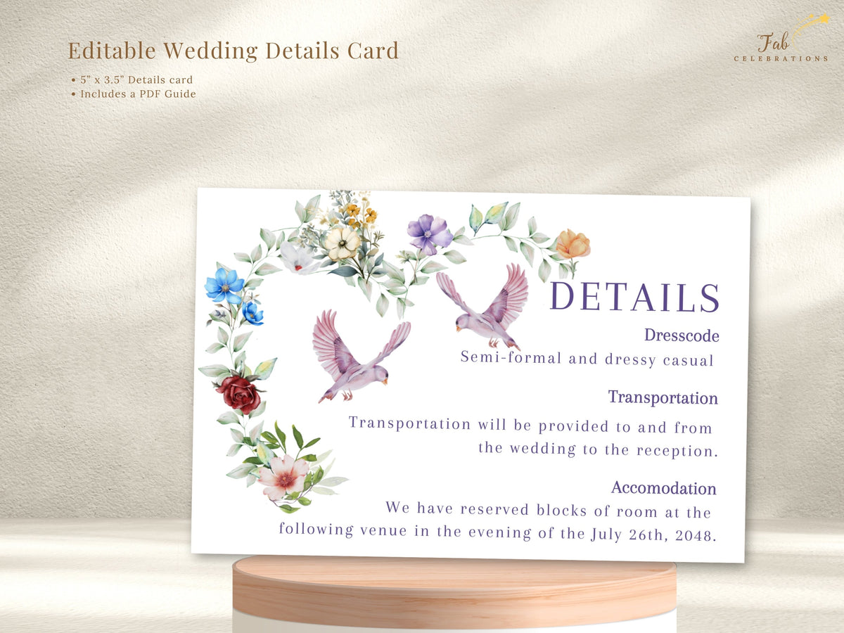 Rustic Watercolor Wedding Card editable details template featuring watercolor-inspired flowers, greenery and two doves with organized information for dress code, transportation and accommodations.