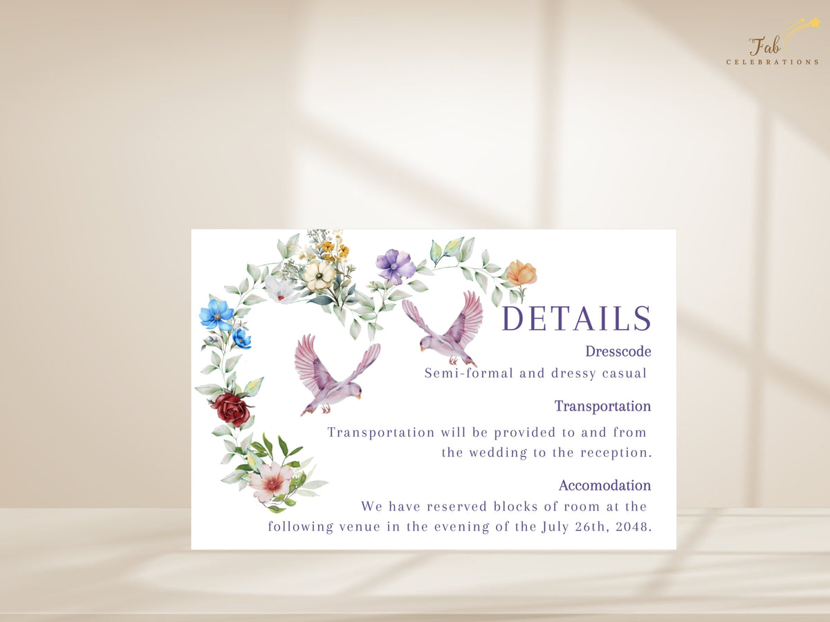 Elegant wedding details template decorated with watercolor-inspired flowers, leafy greenery and two graceful doves, with sections for dress code, transportation and accommodations.