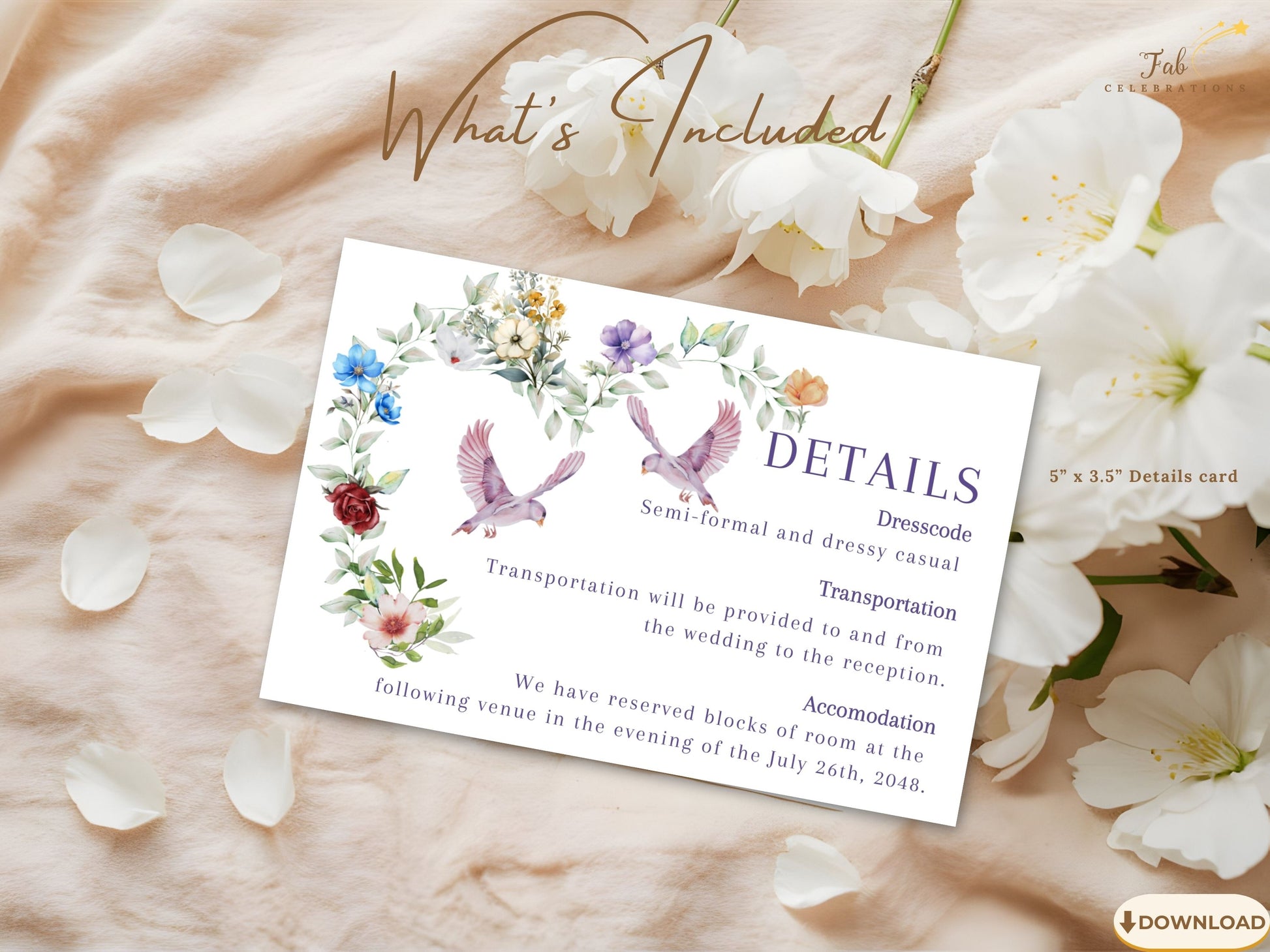 Rustic watercolor wedding card floral wreath design with soft greenery and hand-painted blooms, ideal for boho chic celebrations and countryside-inspired stationery suites.