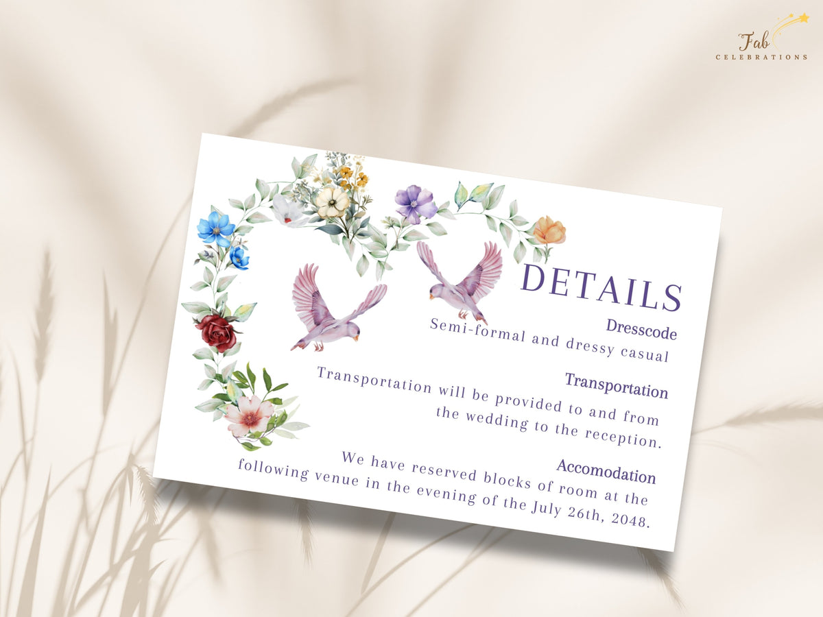 Rustic Watercolor Wedding Card floral details card featuring colorful watercolor-inspired blossoms, leafy greenery and two doves with elegant wedding information arranged in clear sections.