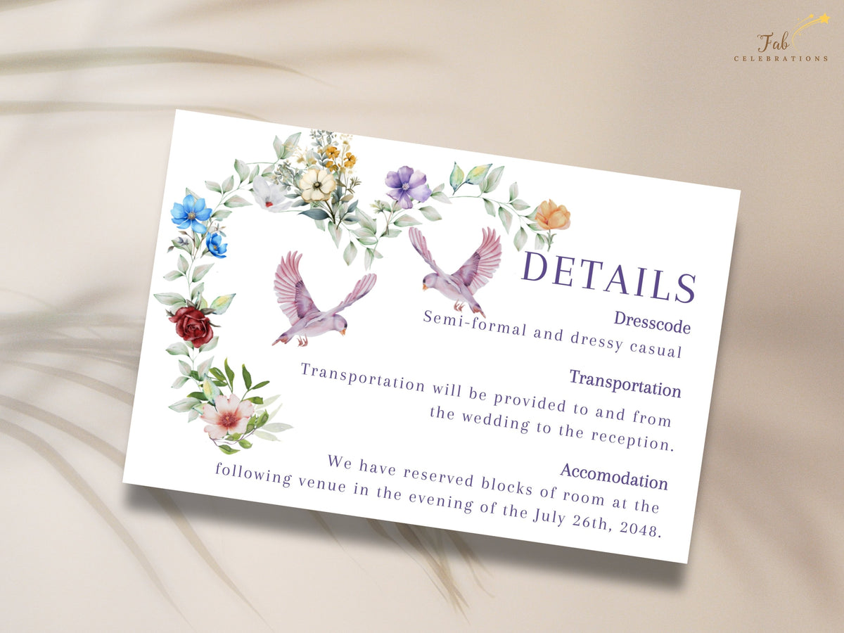Floral wedding information insert featuring watercolor-inspired blossoms, delicate greenery and two doves with refined text sections for dress code, transportation and accommodation details.