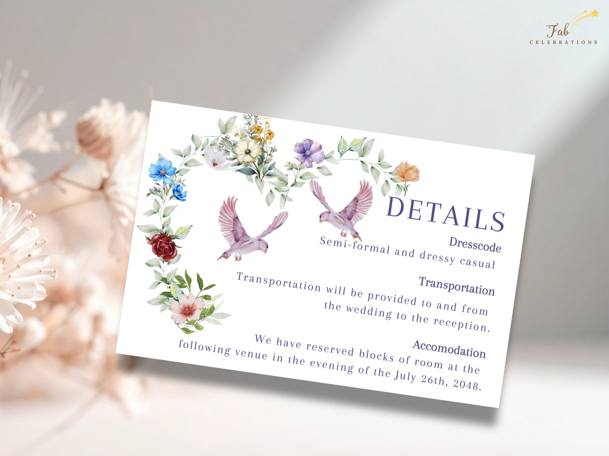 Wedding details card featuring watercolor-inspired multicolored flowers, soft leafy greenery and two graceful doves with elegant sections for dress code, transportation and accommodations.