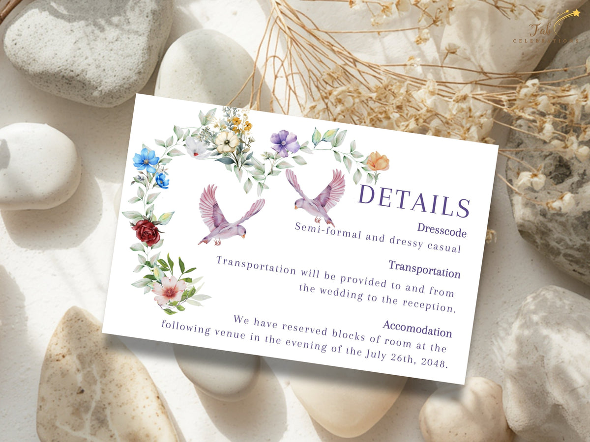 Wedding details card featuring a watercolor-inspired floral arrangement, soft greenery and two doves with elegant typography and clearly structured information for wedding guests.