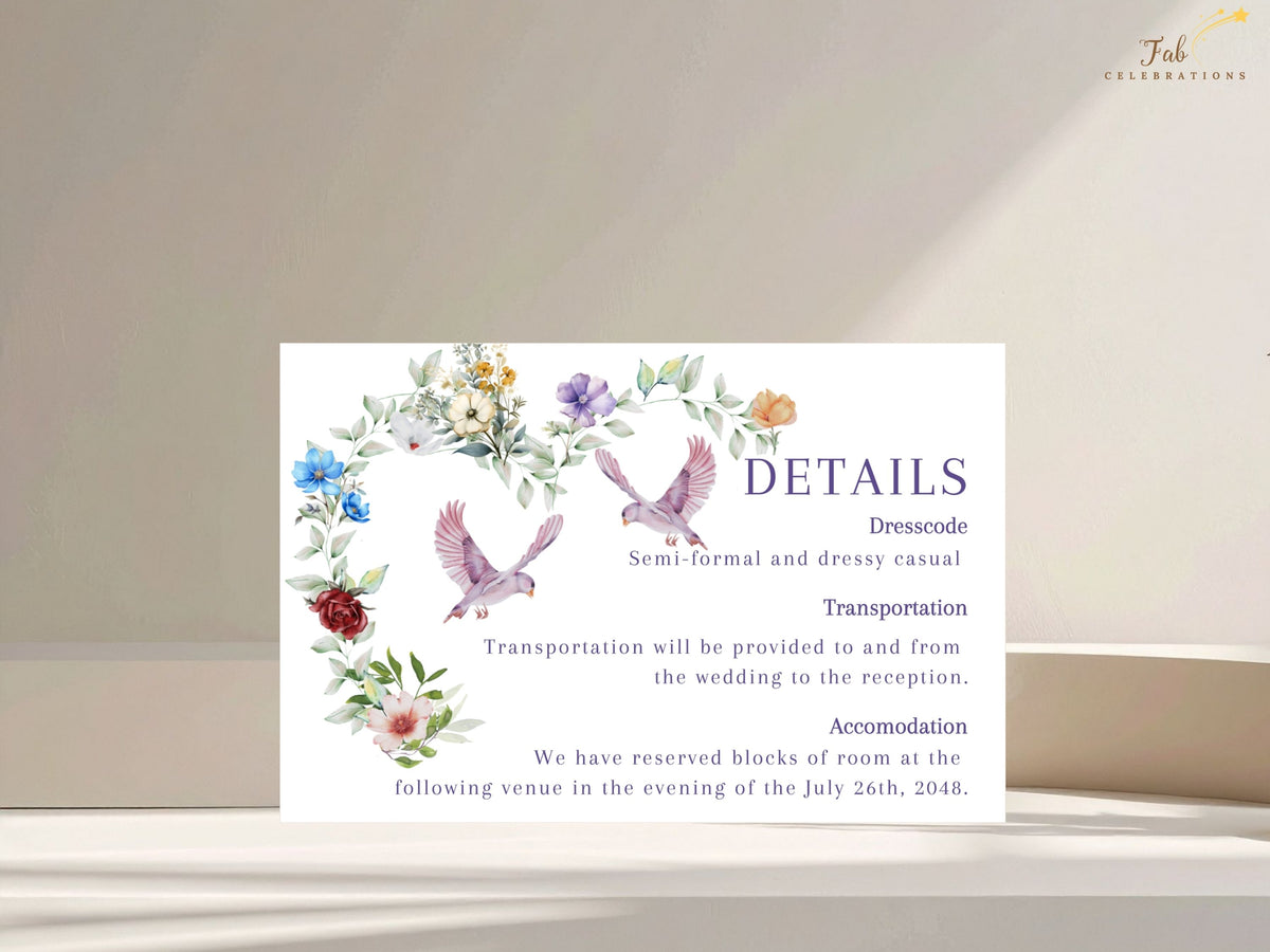 Wedding information card decorated with watercolor-inspired flowers, leafy greenery and two doves, with clearly arranged sections for dress code, transportation and accommodation details.