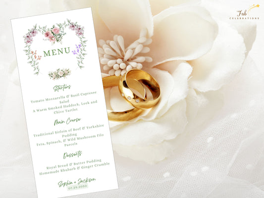 Sage wedding invitations floral heart design with watercolor roses, lavender sprigs, and sage greenery perfect for rustic chic countryside wedding stationery.