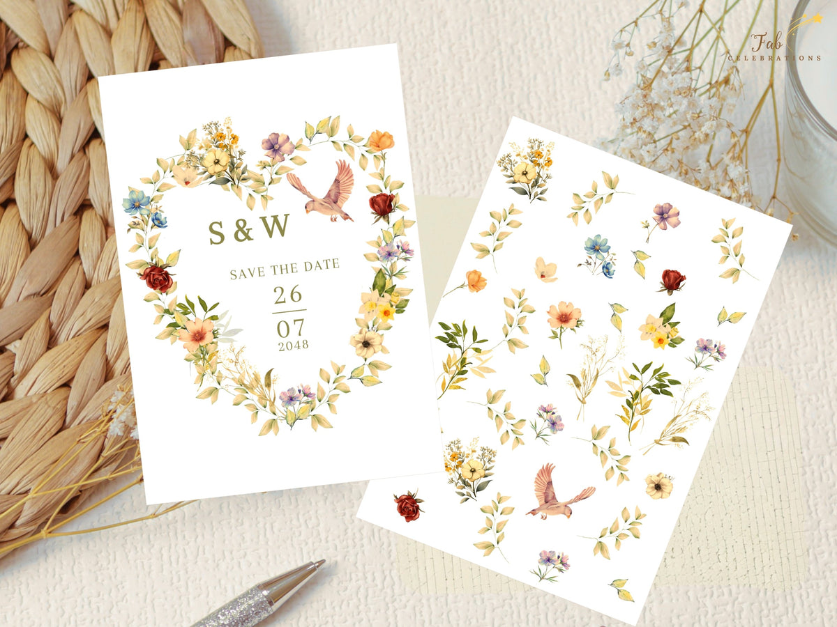 Front of a romantic floral Save the Date Card beside a sheet of matching watercolor-inspired flowers and doves, showing the botanical elements used throughout the wedding collection.