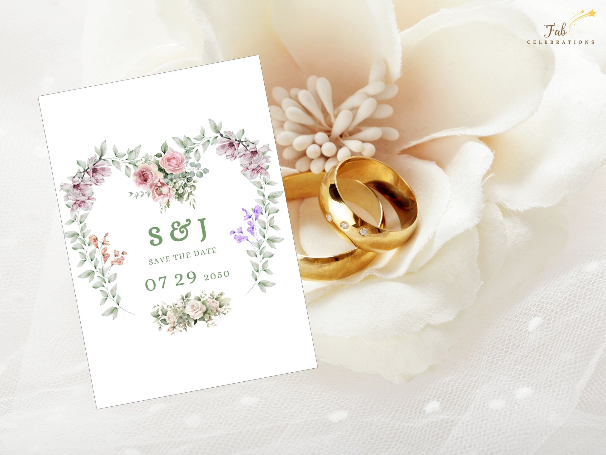 Printable Save the Date Wedding Card created in Canva, featuring golden text and floral artwork — designed for couples looking to set the tone with beauty and intention.