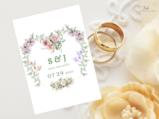 Wedding-ready Save the Date Wedding Card in an elegant floral design, with fully editable Canva features for couples who want to announce their day with style and romance.