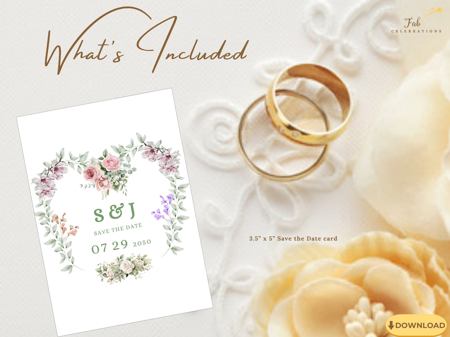 Graceful Save the Date Wedding Card template editable in Canva, with floral motifs and refined layout to create a memorable and coordinated wedding announcement.