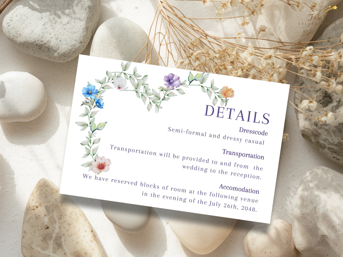Wedding information insert featuring a watercolor-inspired botanical border with delicate multicolor flowers, elegant purple headings and editable practical details for wedding guests.