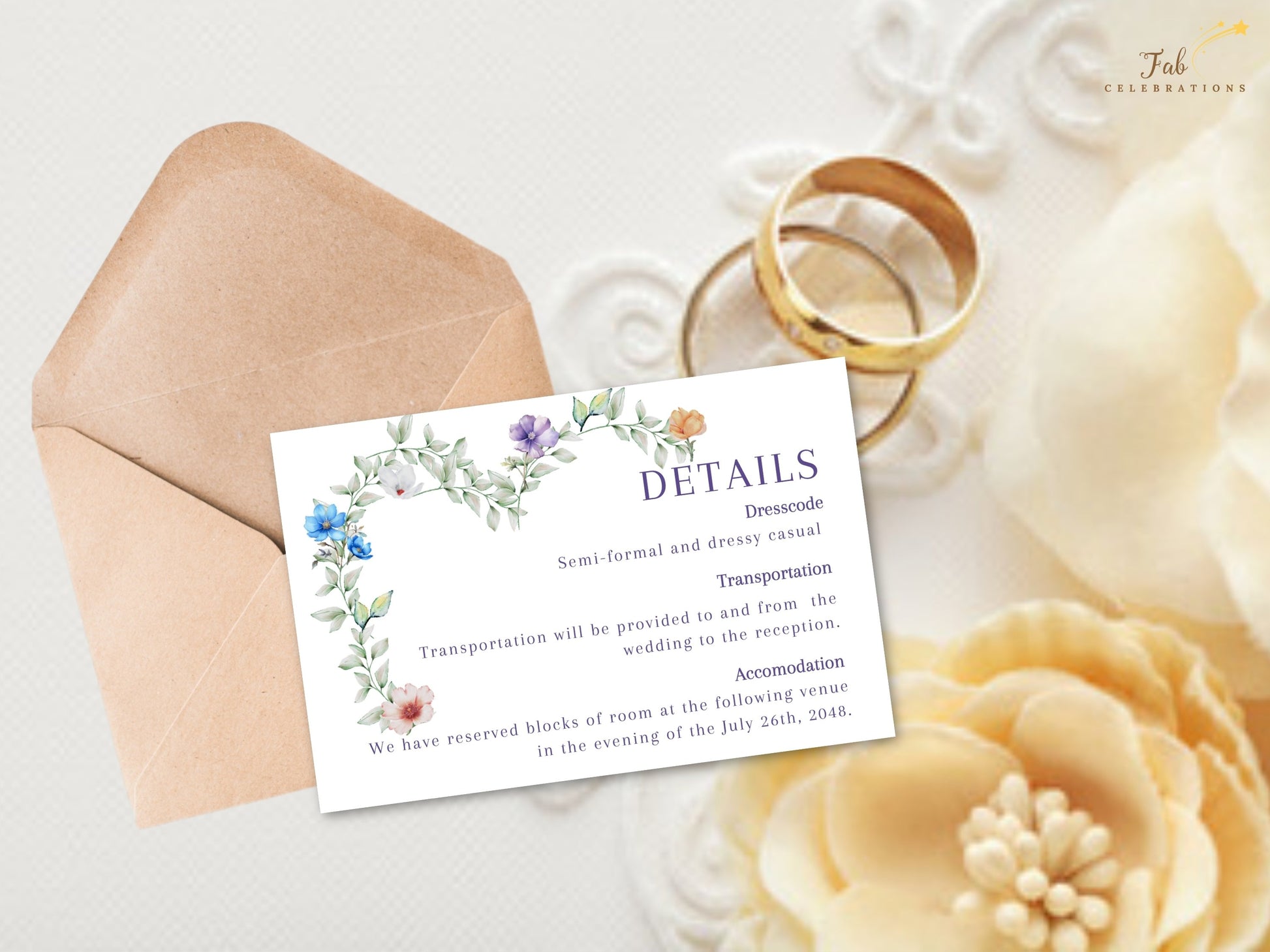 Soft Floral Wedding Details Card editable wedding stationery featuring pastel lavender, blue and peach flowers arranged in a graceful heart-shaped design.