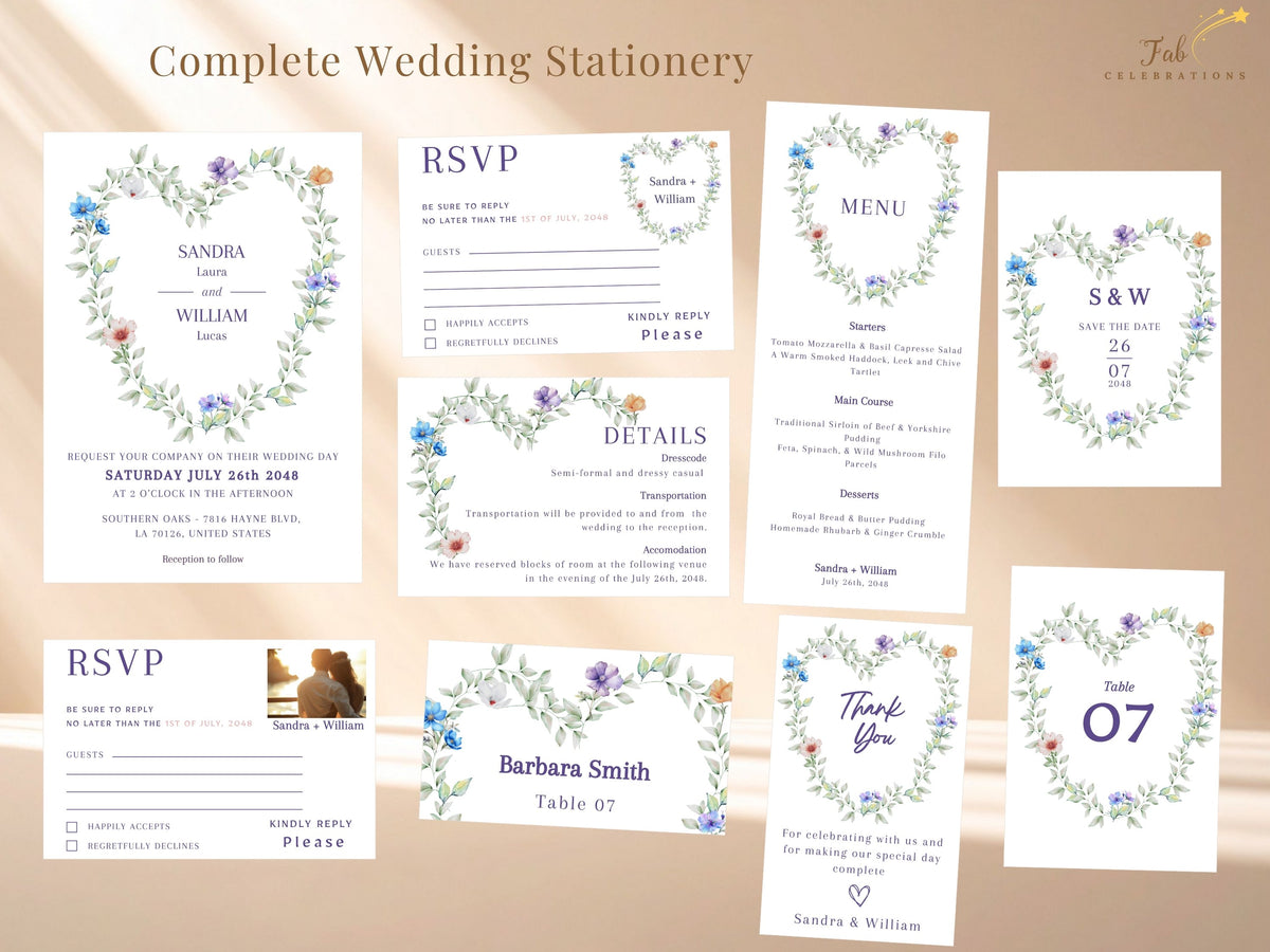 Complete wedding stationery collection showing eleven coordinated templates, including invitation, RSVP cards, details, save the date, menu, place card, table number and thank you designs with a watercolor-inspired floral heart motif.
