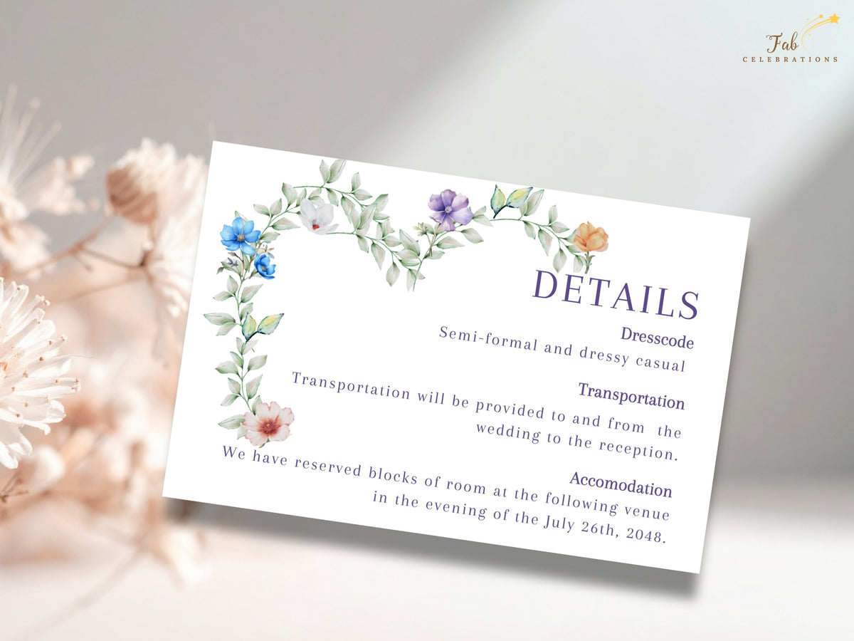 Wedding details card with a delicate watercolor-inspired floral border of airy green foliage and soft pastel flowers, paired with elegant purple headings and editable information for wedding guests.