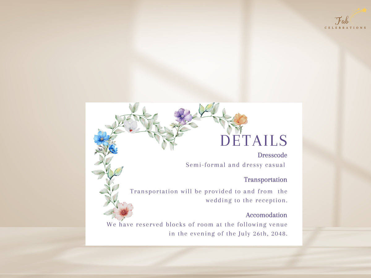 Wedding details card with editable dress code, transportation and accommodation information, elegant purple typography and a watercolor-inspired border of soft pastel flowers and airy green foliage.