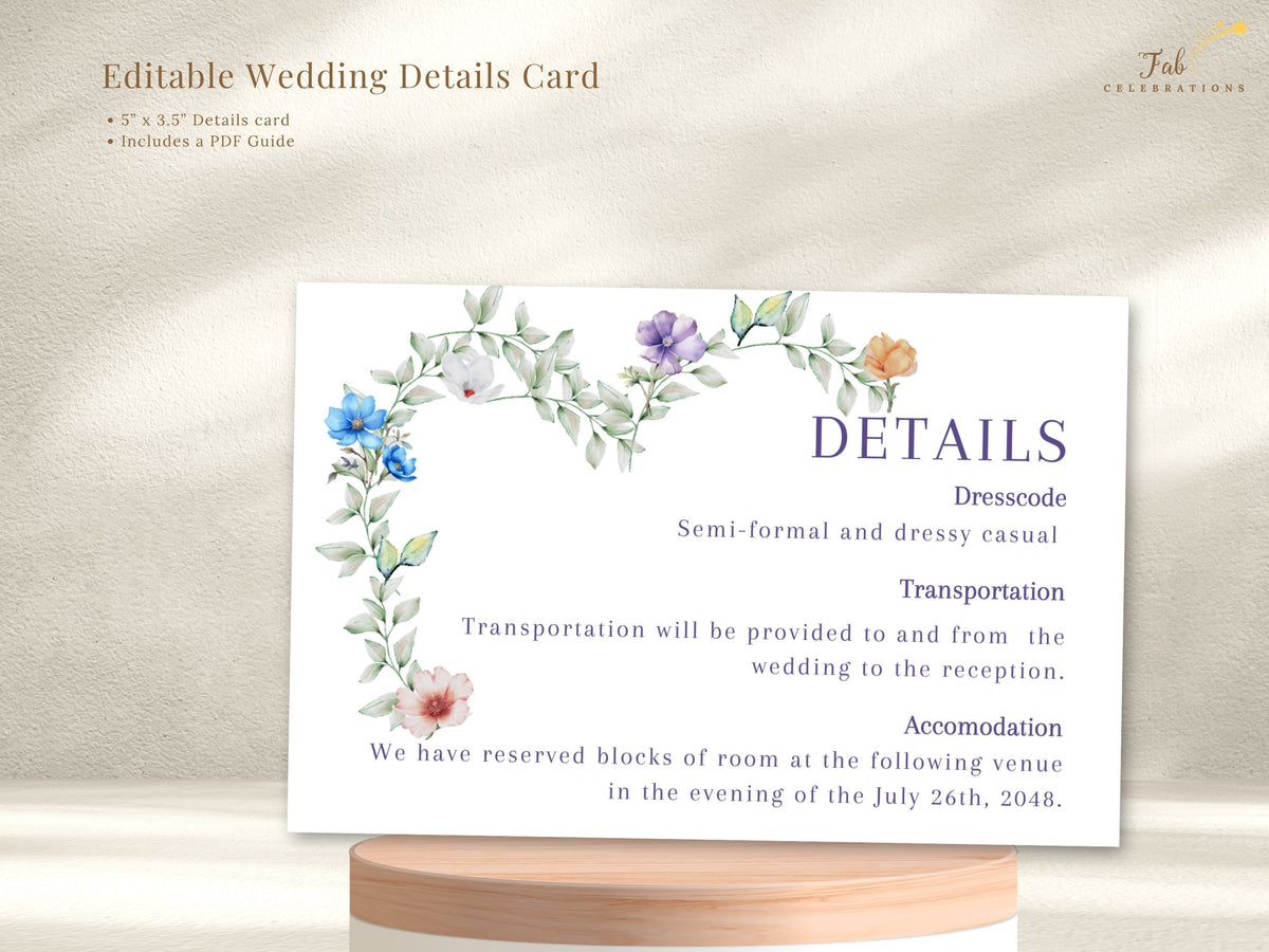 Soft Floral Wedding Details Card shown with text highlighting the editable wedding information template, featuring watercolor-inspired pastel flowers, airy green foliage and elegant purple headings for essential guest details.