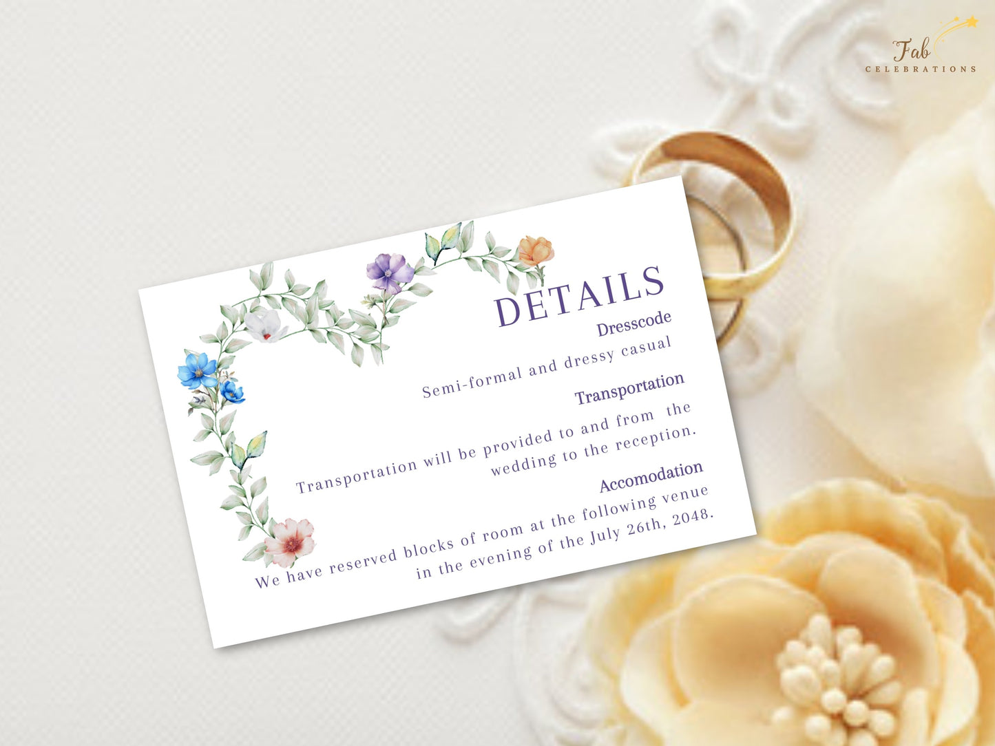 Soft Floral Wedding Details Card wedding information template featuring soft botanical accents and elegant typography for a coordinated wedding suite.