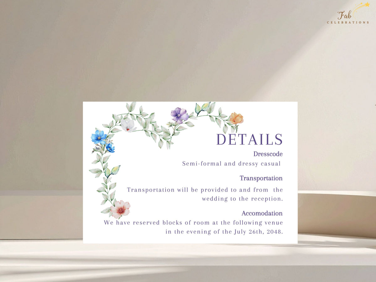 Wedding information card featuring elegant purple typography with editable dress code, transportation and accommodation sections, framed by watercolor-inspired greenery and delicate pastel flowers.