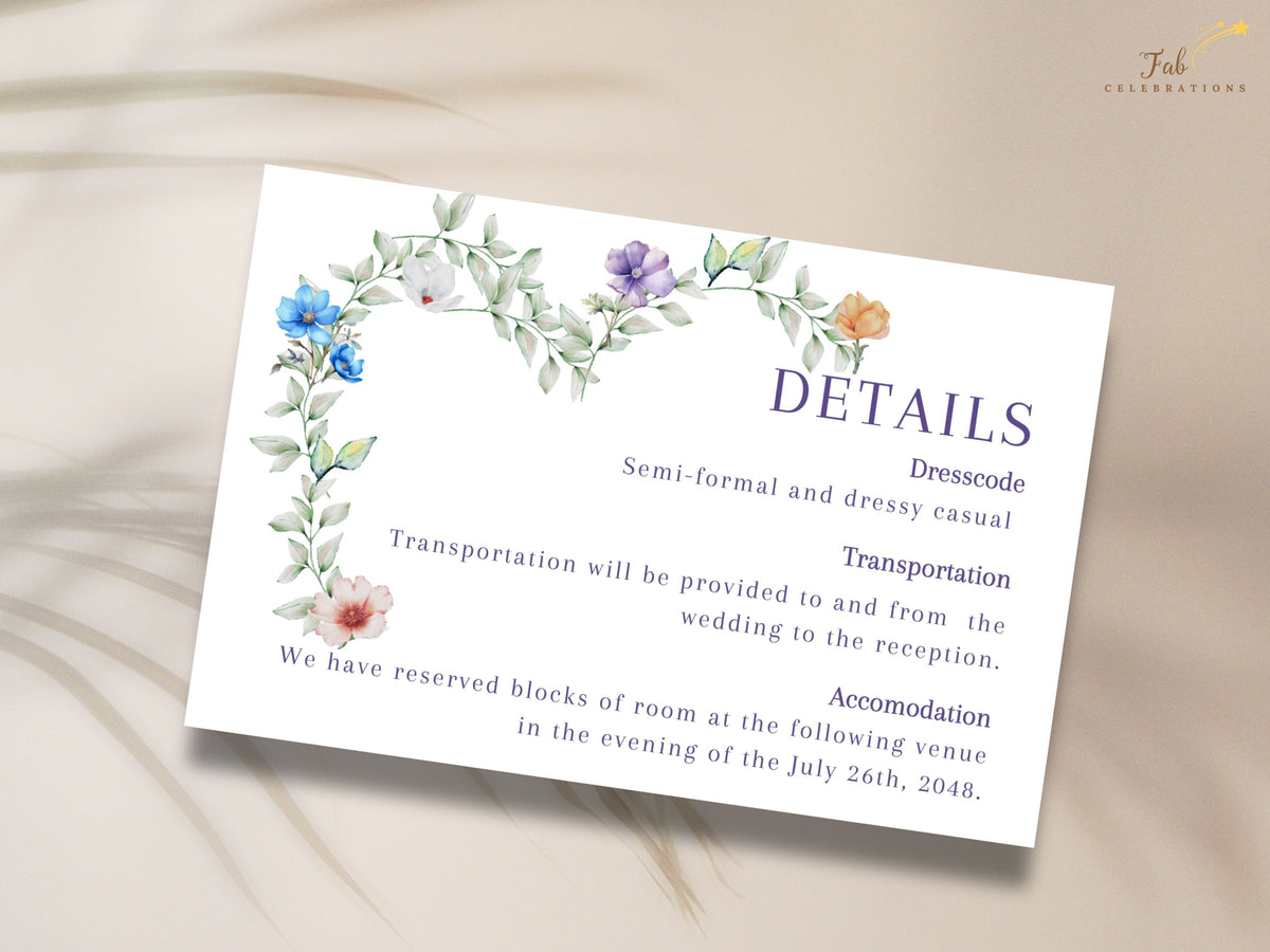 Wedding details template framed by watercolor-inspired greenery and delicate blue, purple, white, peach and pink flowers, with elegant purple headings and customizable guest information.