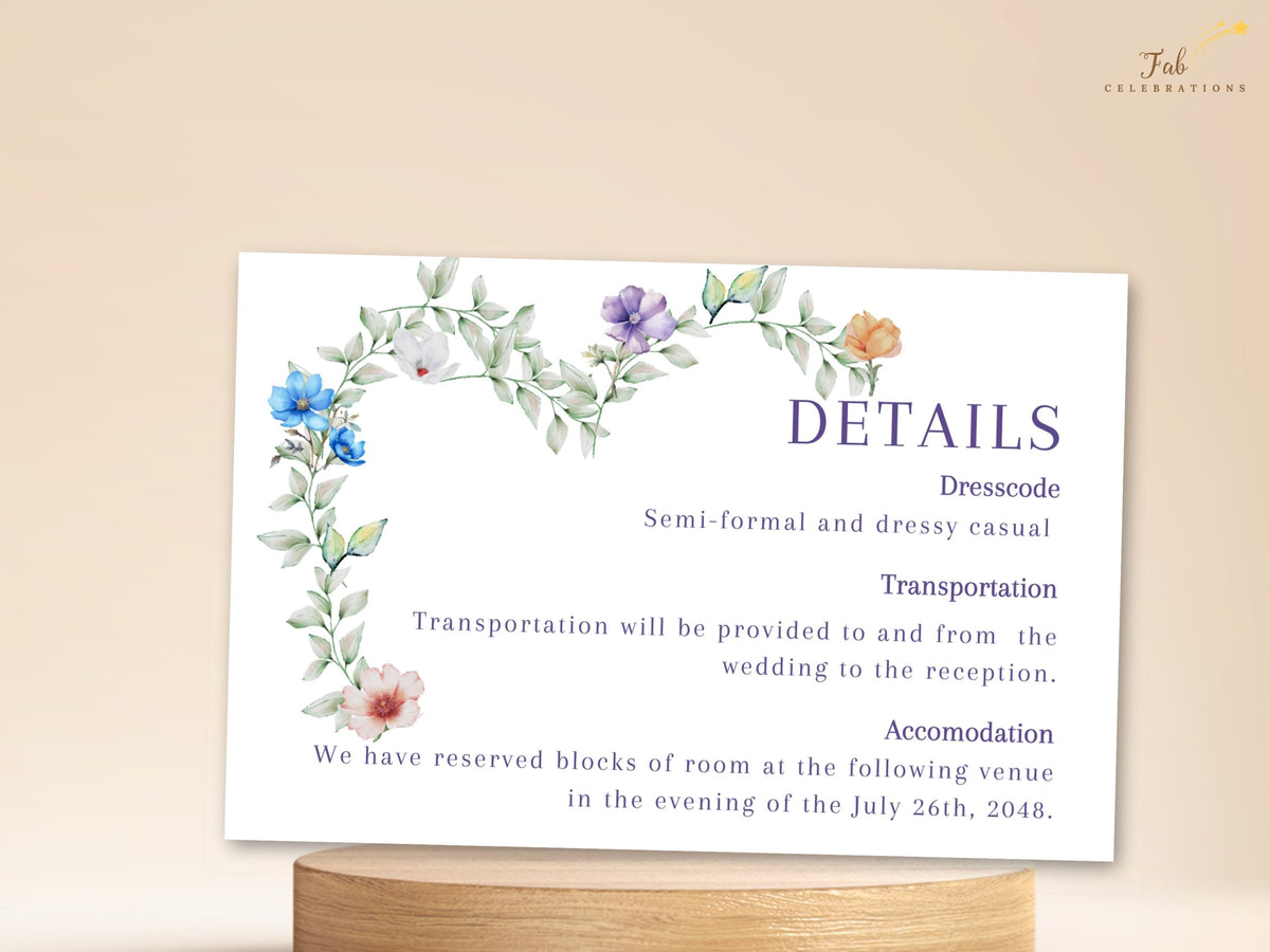 Editable wedding information card with a delicate heart-shaped floral wreath, designed to coordinate perfectly with matching invitations and wedding stationery templates.