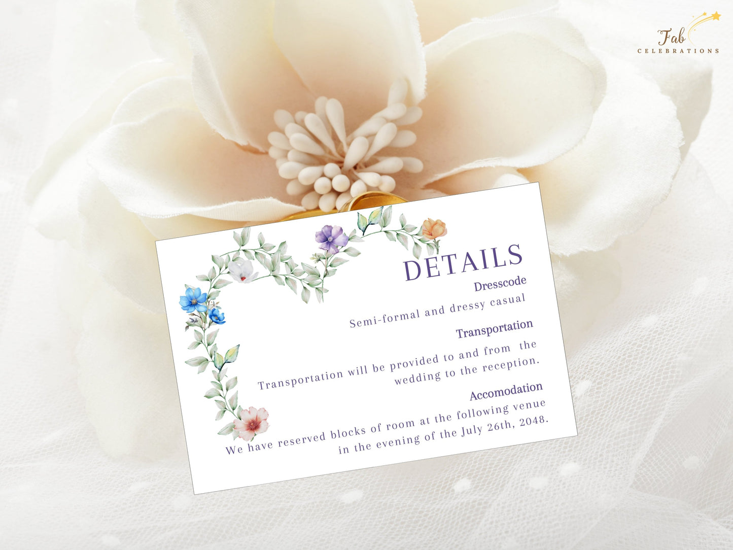 Soft Floral Wedding Details Card editable Canva template featuring a romantic heart-shaped floral wreath with pastel flowers and greenery for elegant wedding information.