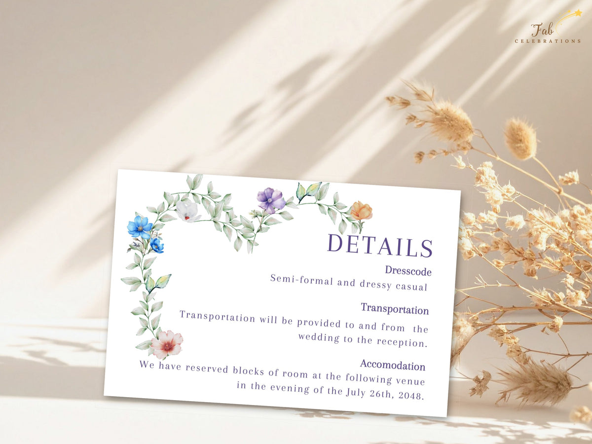 Wedding information card featuring a romantic watercolor-inspired botanical border, soft pastel flowers and elegant purple typography for editable dress code, transportation and accommodation details.