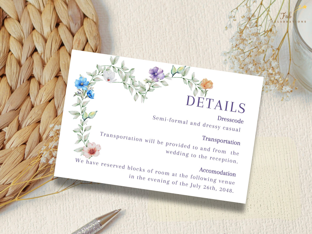 Wedding details template featuring editable guest information surrounded by watercolor-inspired green foliage and soft blue, purple, white, peach and pink flowers for a romantic coordinated stationery look.