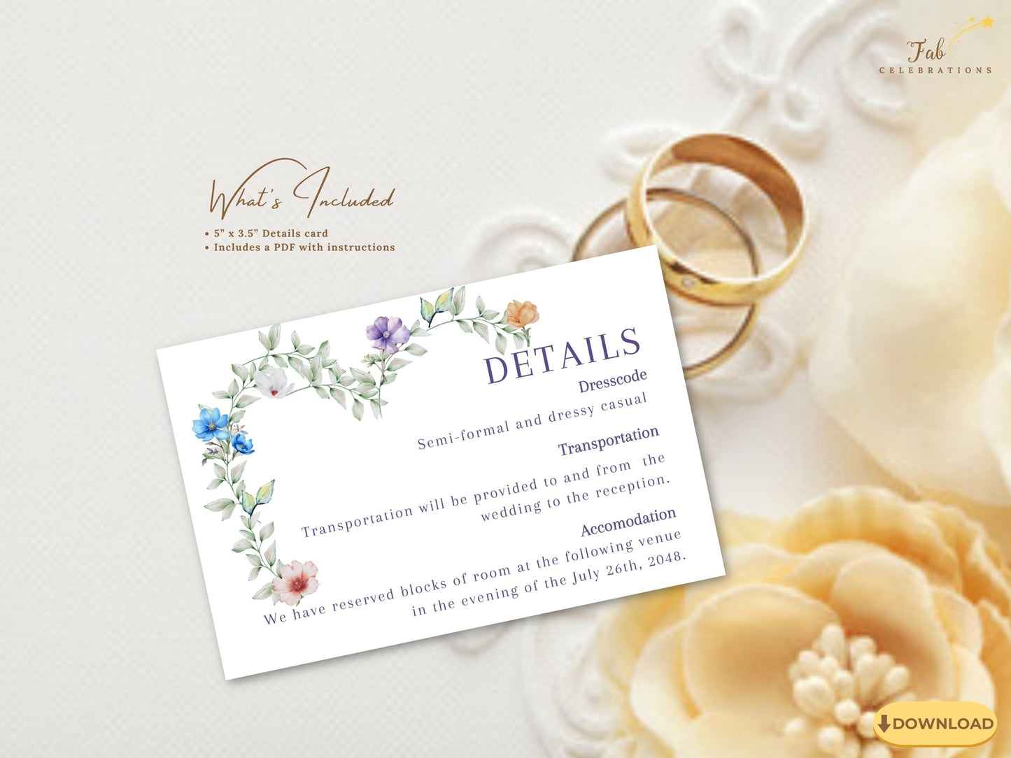 Soft Floral Wedding Details Card printable wedding information template with delicate watercolor-inspired flowers and botanical details for romantic celebrations.