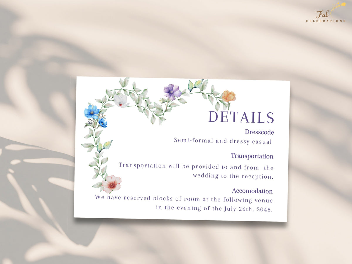 Wedding details card with watercolor-inspired pastel flowers and airy greenery framing elegant purple typography and editable information about dress code, transportation and accommodation.