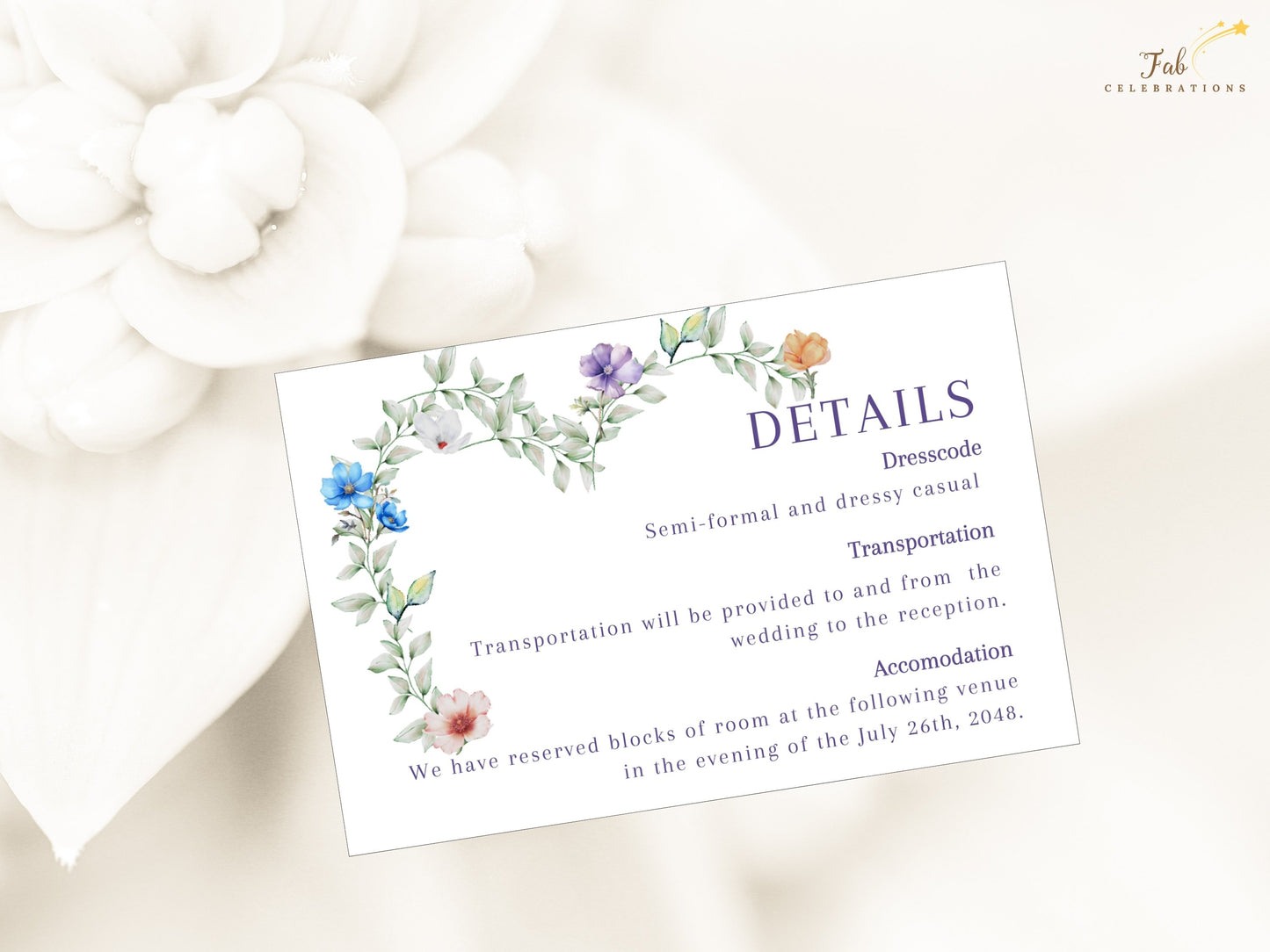 Soft Floral Wedding Details Card printable Canva design with romantic floral artwork and customizable text created for garden and countryside weddings.