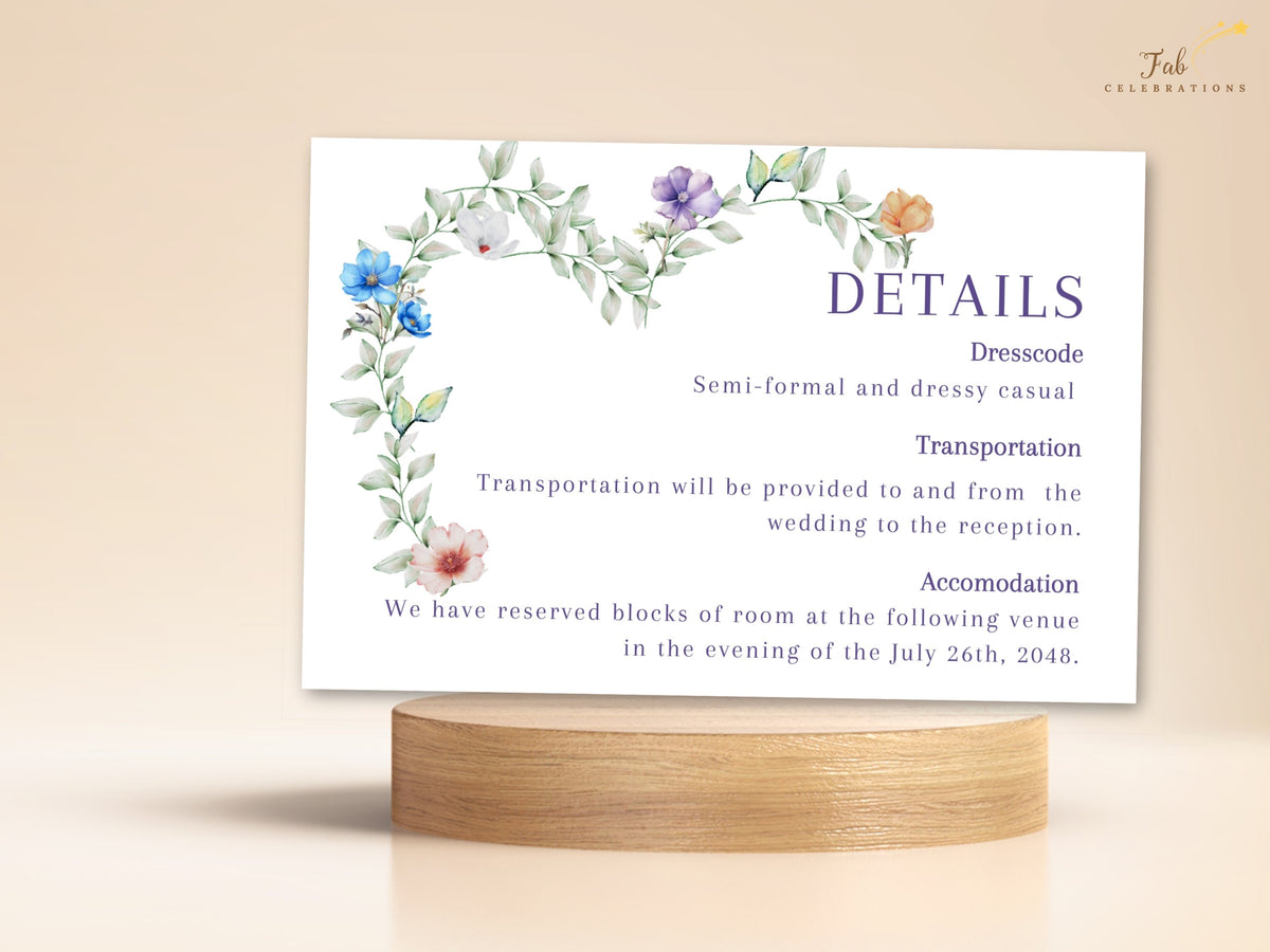 Soft Floral Wedding Details Card featuring editable wedding guest information, elegant purple typography and a watercolor-inspired floral border with airy greenery and delicate pastel-colored flowers.