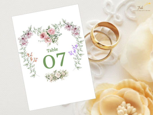 Table numbers wedding printable set with delicate floral design, editable in Canva to match your romantic wedding theme with grace and ease.