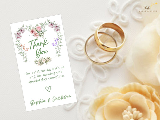Printable wedding thank you card editable in Canva, designed with soft florals and gentle script for a refined and emotional note of thanks.