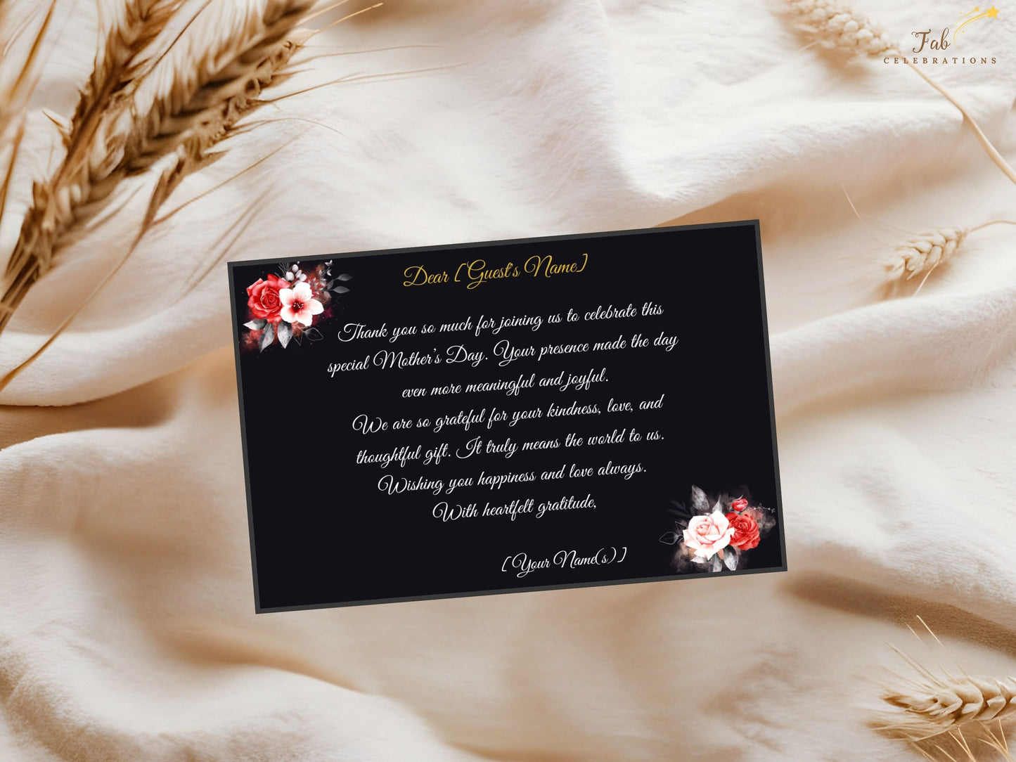 Thank You Mom Card Printable designed in a dramatic black and gold palette with romantic floral artwork and watercolor-inspired red and white roses creating a timeless expression of gratitude and love.