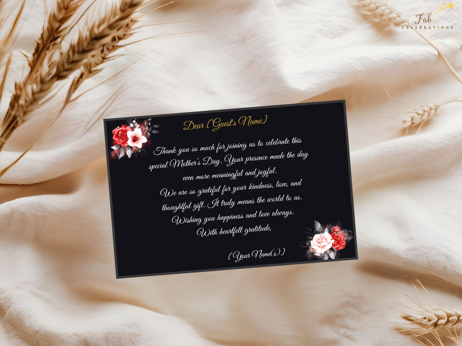 Thank You Mom Card Printable designed in a dramatic black and gold palette with romantic floral artwork and watercolor-inspired red and white roses creating a timeless expression of gratitude and love.