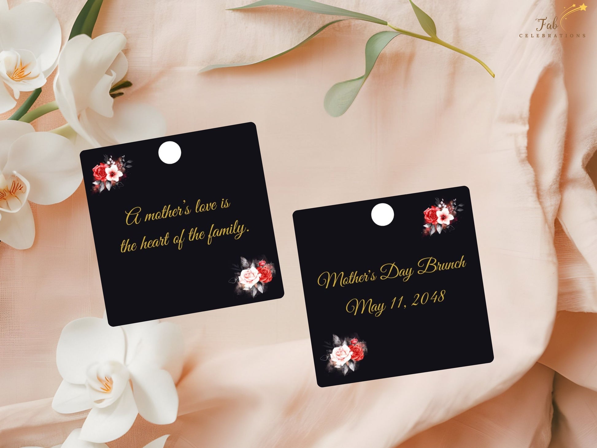 Thank You Mom Card Printable front design showcasing luminous gold lettering on a deep black backdrop with elegant floral accents and customizable Canva text layout for a personal heartfelt message.