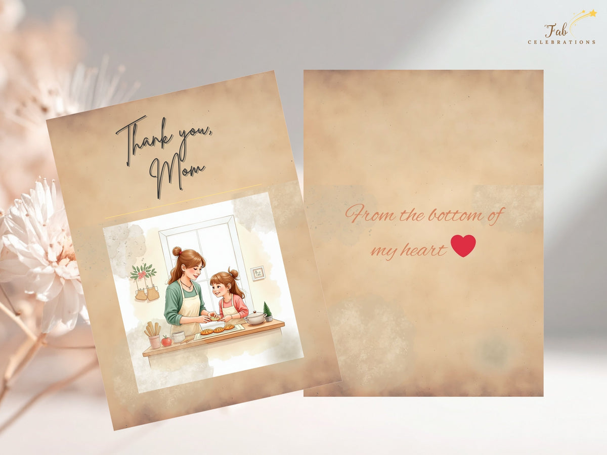 Matching front and back of an editable Mother’s Day thank-you card, with watercolor-inspired baking artwork on the front and From the bottom of my heart on the back, ready to customize with a name, signature, or personal message.