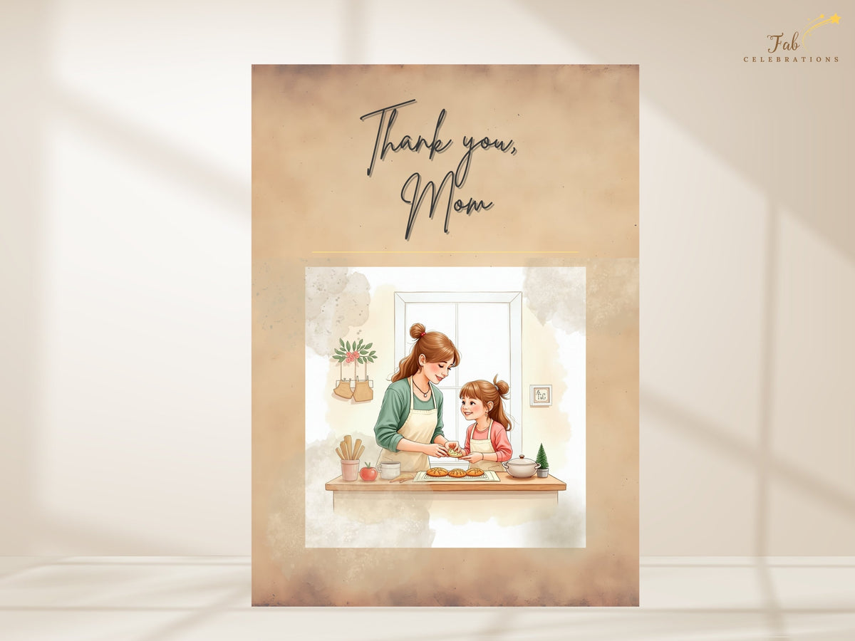 Close view of the Thank you, Mom printable card front, combining expressive script lettering with a watercolor-inspired illustration of a mother helping her daughter prepare baked treats.